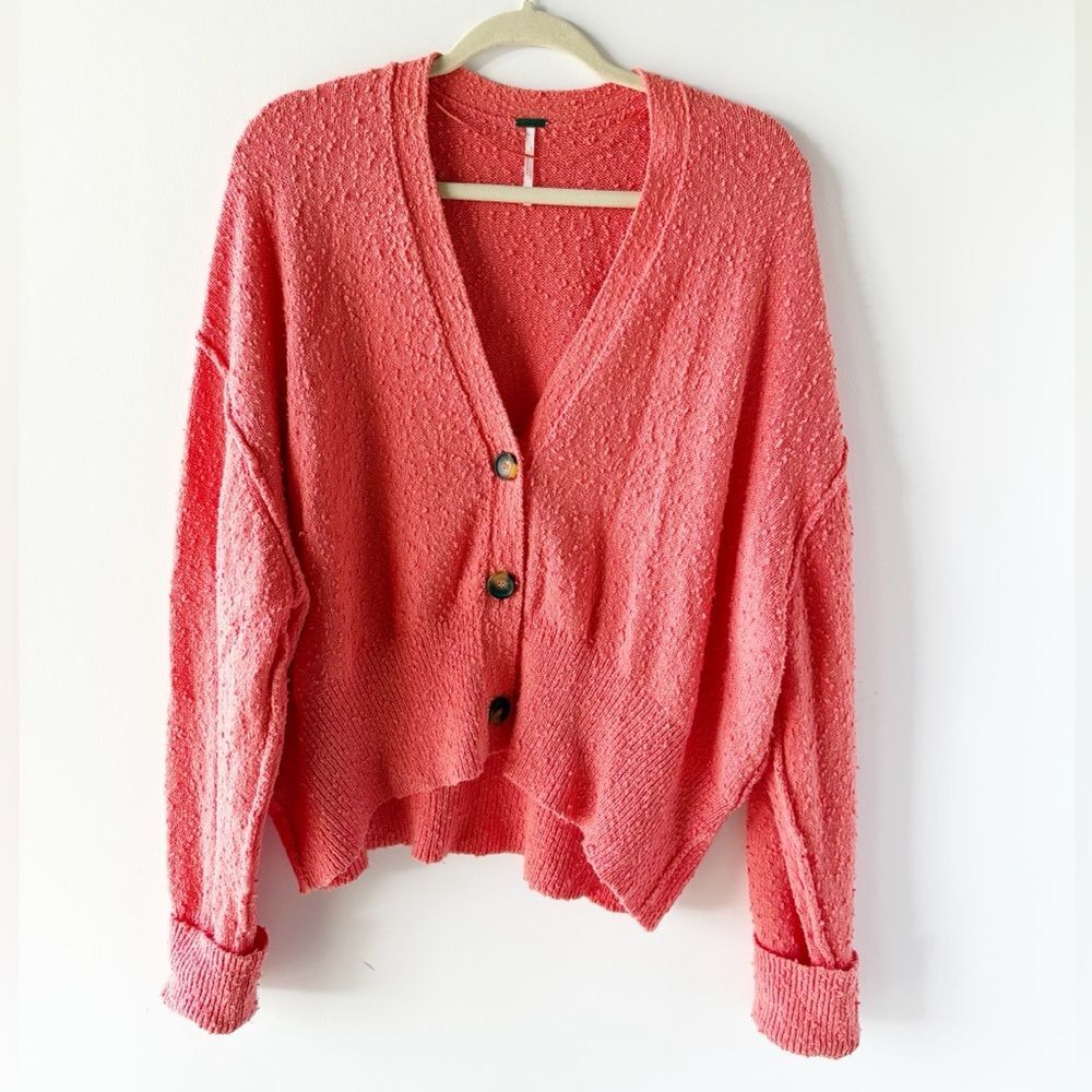 Free People Coral Pink Textured Crop Boucle Cardigan V-Neck Slouchy Knit Sweater